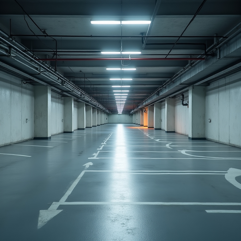 Modern underground parking garage in a Polish city residential building