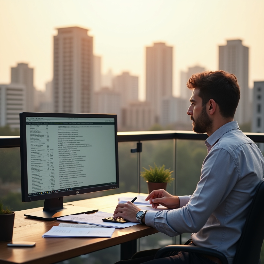 Researcher reviewing Polish property rental data and Civil Code documents at a desk with laptop and printed materials